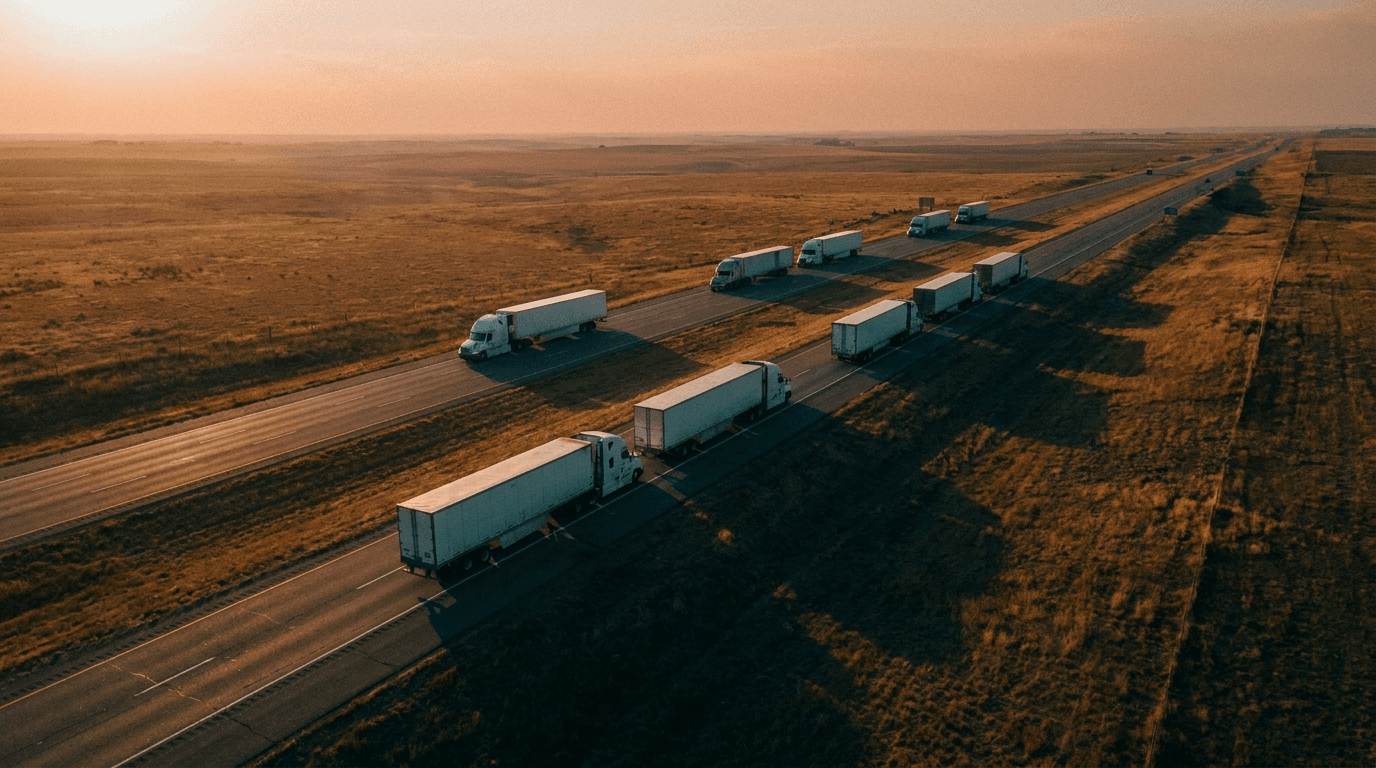 Aerial view of a convoy of trucks on an interstate at golden hour