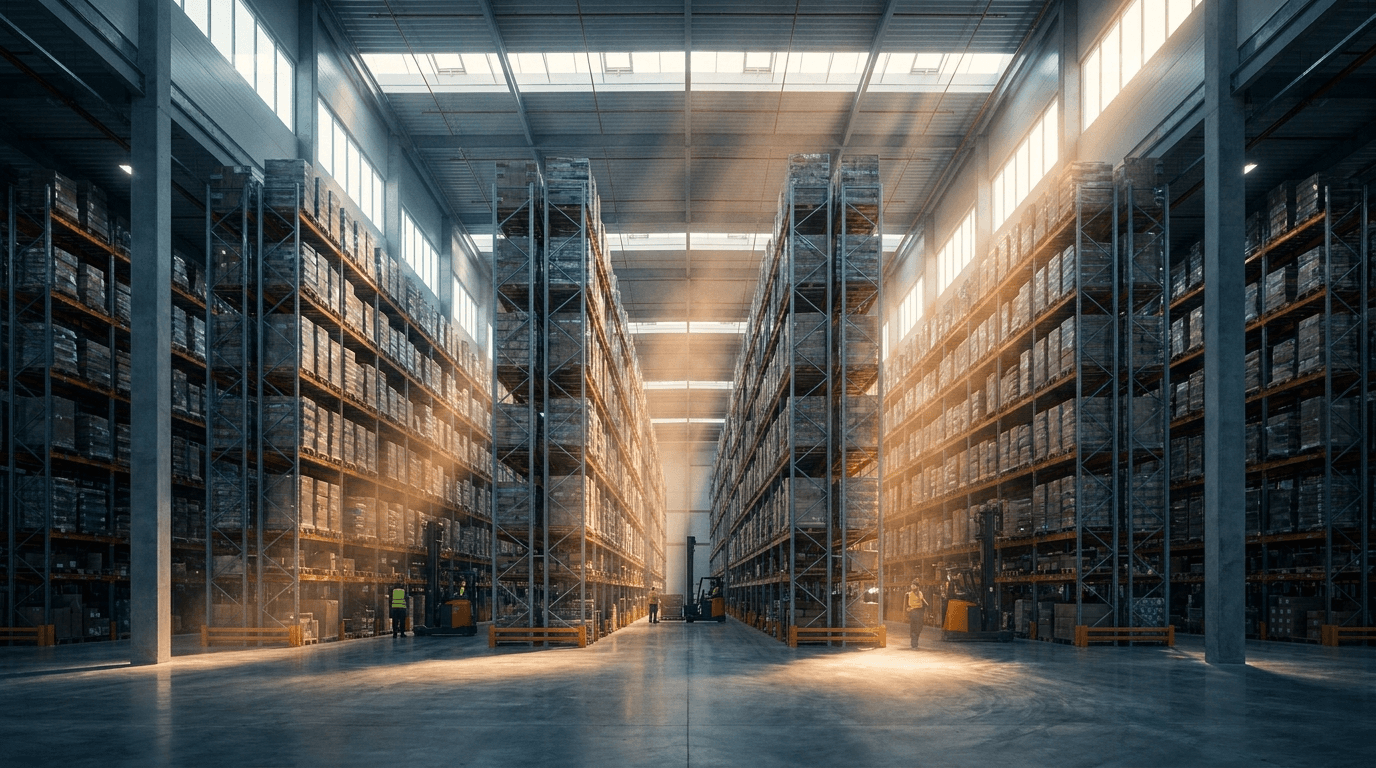 Interior of a large distribution warehouse with tall racking and light from clerestory windows